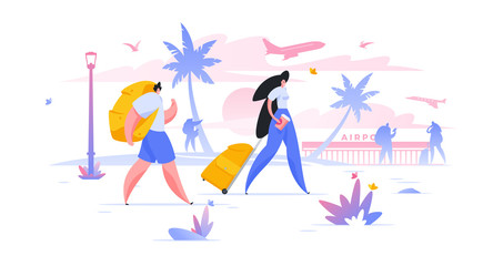 Tourists with luggage flat vector illustration summer vacation, honeymoon holiday