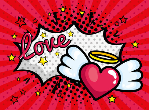 heart with wings and explosion pop art style icon vector illustration design