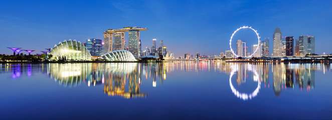 Panoramic image of Singapore skyline at night. - obrazy, fototapety, plakaty
