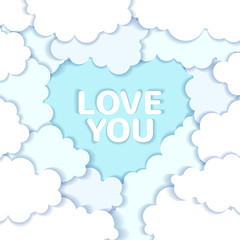 Valentines Day vector background with white clouds in shape of heart in paper art style .