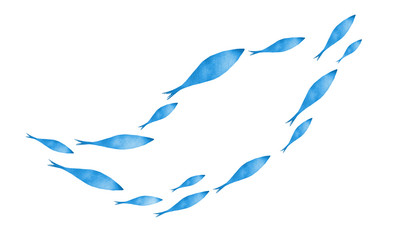 Obraz premium Silhouettes of groups of fishes on white. Watercolor