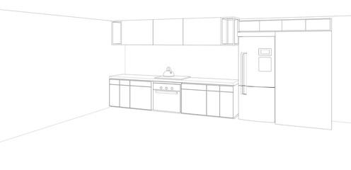 modern kitchen design sketch, 3d rendering