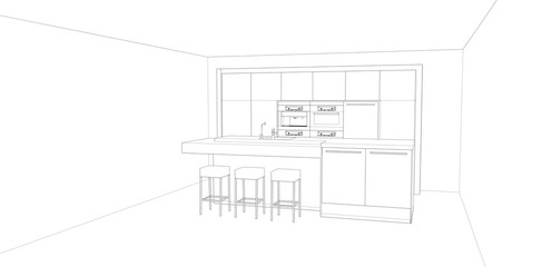 modern kitchen design sketch, 3d render background