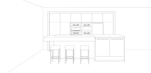 modern kitchen design sketch, 3d rendering background