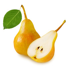 Yellow ripe juicy whole pear fruit with green leaf and sliced pear half isolated on white background