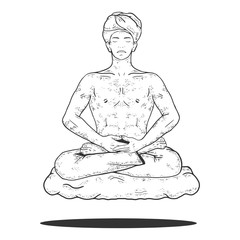 Yogi meditating and floating on cloud sketch engraving vector illustration. Scratch board style imitation. Black and white hand drawn image.