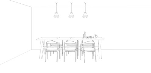 modern dining room interior design sketch, 3d render