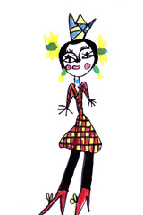 child's drawing of a girl in a plaid dress and a crown with big legs in red boots
