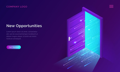 New opportunities isometric landing page. Binary digital code coming through open door on neon glowing futuristic background. New technologies coming to human life, high-tech 3d vector illustration