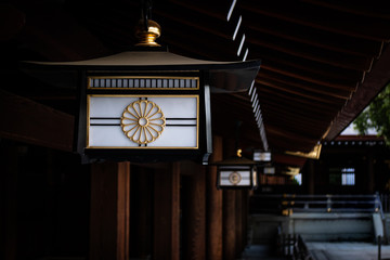 A lantern hung up in a Japanese shrine