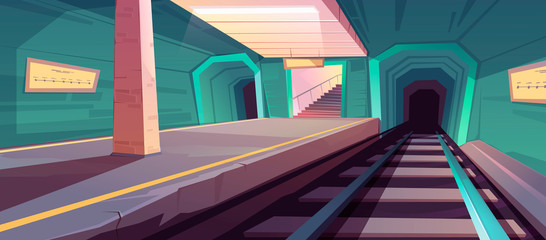 Metro station, empty subway platform, underground tunnel for train. Vector cartoon illustration of subway interior with railway for public electric transport, platform, map on wall and stairs © klyaksun