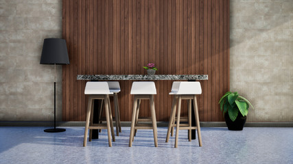 room interior with table and chair, wood and concrete wall, 3d rendering