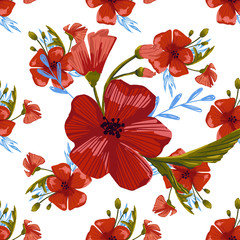  seamless pattern simple  red poppies. Scattered red flowers  vector pattern background