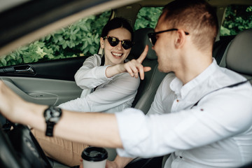 Happy Traveling Couple Together Enjoying Road Trip, Vacation Concept, Holidays Outside the City, Two Cheerful People