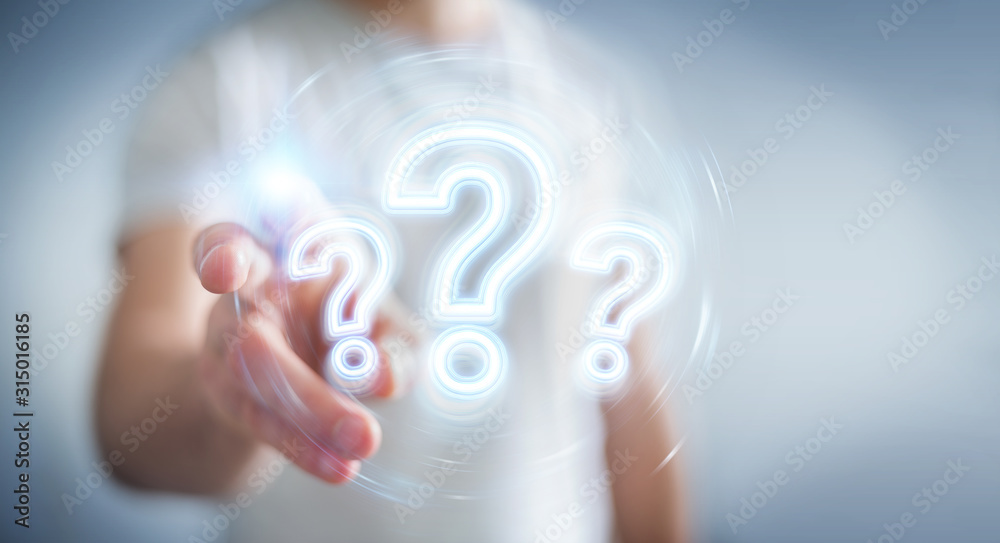 Leinwandbilder Man using digital question marks holographic interface 3D rendering
