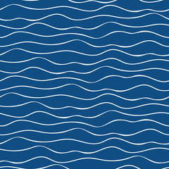 Vector abstract hand drawn white doodle ocean waves. Seamless geometric pattern on navy blue background. Great for marine, nautical themed products, spa, wellness, beauty, stationery, giftwrap