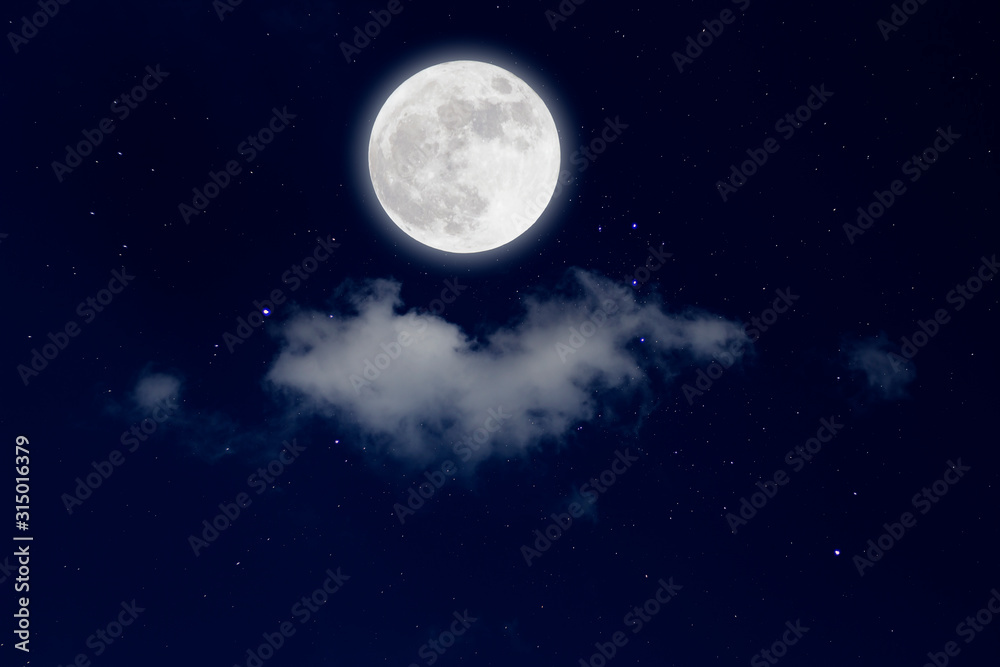 Poster full moon with starry and clouds background. romantic night.