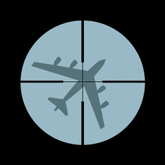 Airplane and plane is shot down by weapon - air defense against flying aeroplane, jet, airliner, bomber and aircraft.  Vector illustration.
