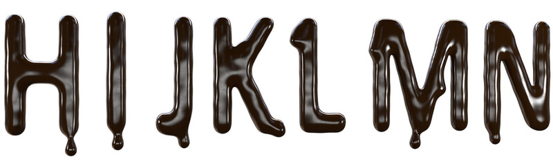 Chocolate font food type for sweet design. 3d render of h i j k l m n letters made from delicious dark chocolate.