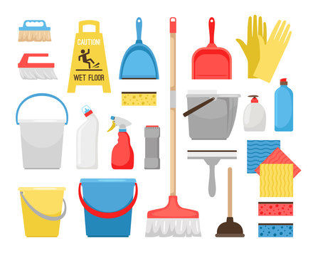 Householding cleaning tools. Housekeeping tool icons for home and office cleaning, bucket and foam, detergent bottles and washing supplies, sweeping brush and bucket vector illustration
