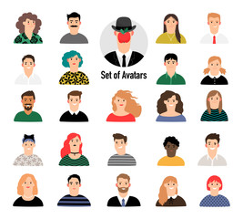Cartoon avatar set with men and women. Business corporate people portraits on white background, female and male with apple face avatars for young creative team charechers vector illustration