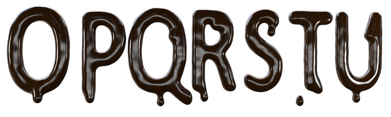 Chocolate font food type for sweet design. 3d render of o p q r s t u letters made from delicious dark chocolate.
