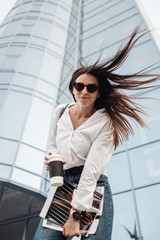 Portrait of One Fashionable Girl Dressed in Jeans and White Shirt, Business Lady, Woman Power Concept