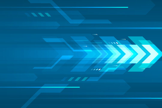 Arrow speed abstract blue background, communication data transfer technology concept.