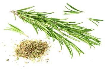 rosemary leaves with dried rosemary isolated on white background.