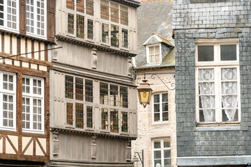 Pattern of medieval timber-frame houses in historic Dinan, Brittany, France