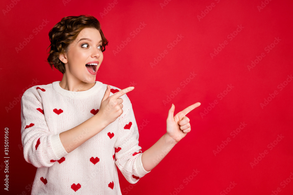 Poster Portrait of her she nice attractive pretty cute amazed glad positive cheerful cheery girl showing new novelty tips feedback solution isolated over bright vivid shine vibrant red color background