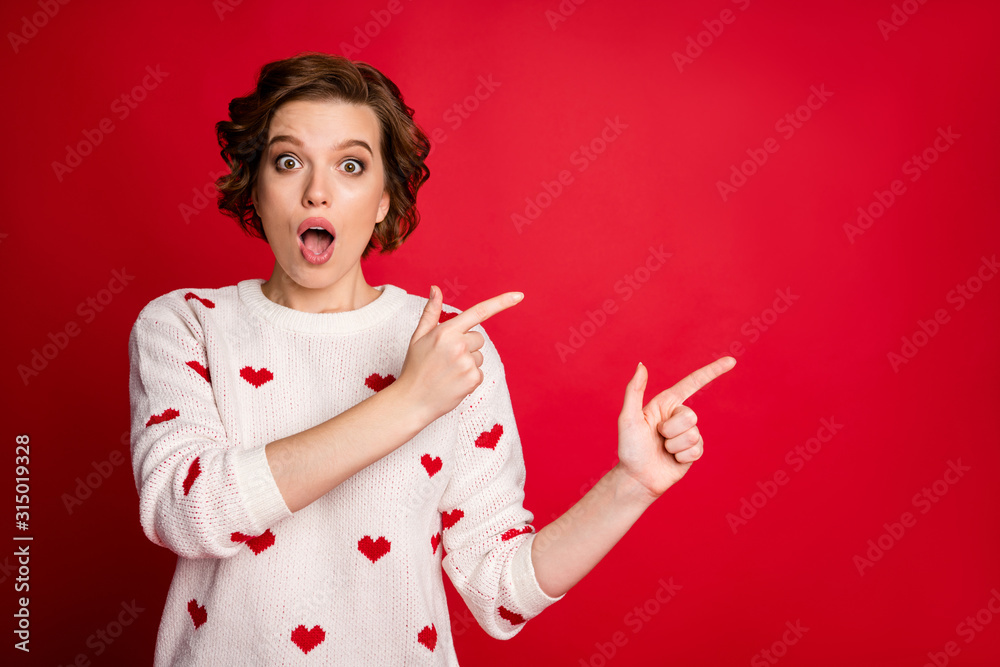 Poster Portrait of her she nice attractive amazed astonished cheerful girl showing new novelty copy space ad advert isolated over bright vivid shine vibrant red color background