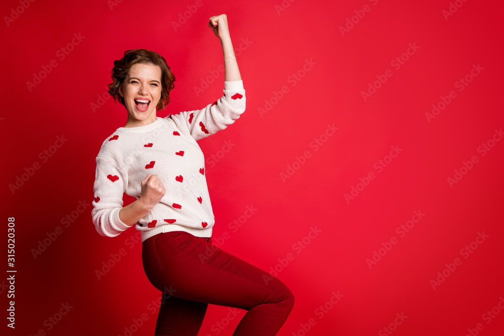 Poster Yeah cool guy mine. Delighted cheerful positive girl have ideal 14-february date with perfect man raise fists scream wear style stylish jumper isolated over shine color background