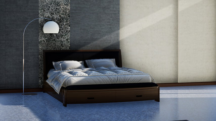 interior design of modern bedroom with double bed, 3D render background