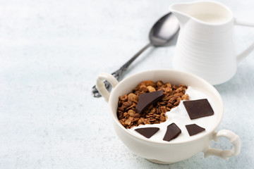 Granola, oatmeal with chocolate food background