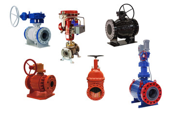 a group of modern shut-off valves of various designs for a gas pipeline isolated on white background