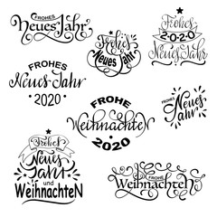 Frohe Weihnachten und  Frohes Neues Jahr - German Merry Christmas and Happy New Year Set of Calligraphic deutsch Inscription