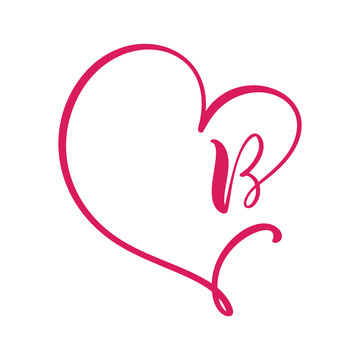Vector Vintage floral letter monogram B. Calligraphy element logo Valentine flourish frame. Hand drawn heart sign for page decoration and design illustration. Love wedding card for invitation
