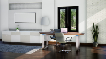 modern working room interior with white wall background, 3d rendering