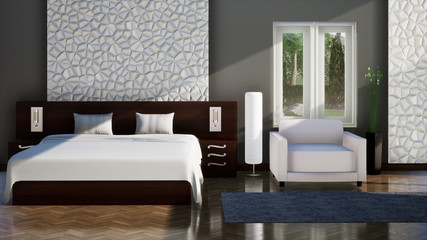 modern interior design of white bedroom with furniture, 3d rendering background
