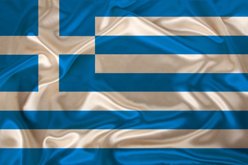 photo of the national flag of the state of Greece on a luxurious texture of satin, silk with waves, folds and highlights, close-up, copy space, illustration