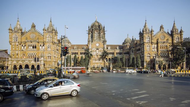 India, Mumbai, Maharashtra, Chhatrapati Shivaji Maharaj Terminus railway station (CSMT), (formerly Victoria Terminus), UNESCO World Heritage Site - time lapse
