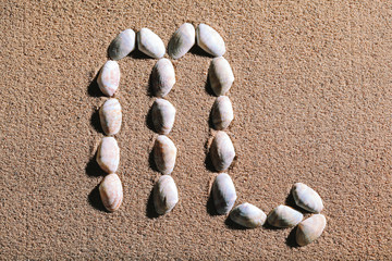 Scorpio Zodiac sign made of seashells on sand background