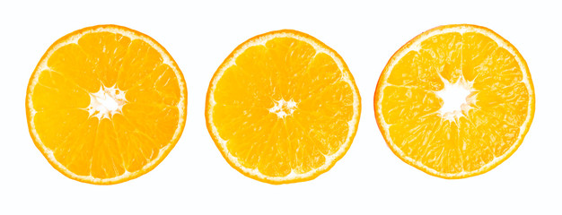 Group of sliced round orange fruit, citrus isolated on white background, top view, flat lay