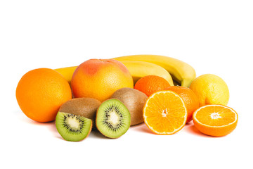 Assortment of tropical fruits, group of banana, kiwi, orange, tangerine, lemon, grapefruit isolated on white background