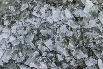 Ice hummocks on the river. A lot of cracked ice