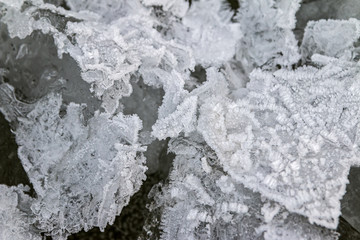 Ice hummocks on the river. A lot of cracked ice