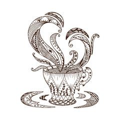 Vector coffee or tea cup and sun with abstract ornaments. Hand drawn illustration