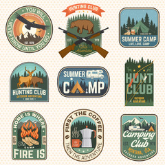 Obraz premium Set of hunting club and hiking club badge. Vector. Concept for shirt, logo, print, stamp. Vintage design with rv trailer, camping tent, boar, deer and forest silhouette