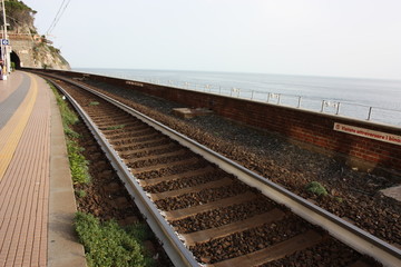 Obraz premium rusty tracks of a train transport path of a lonely railway where nobody is there
